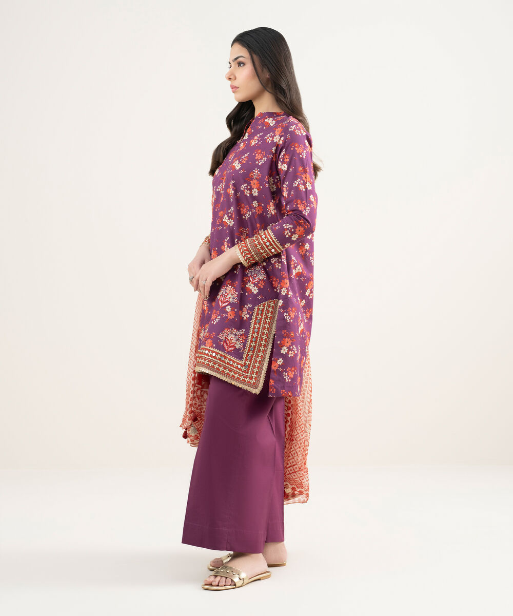 Women's Unstitched Lawn Embroidered Purple 3 Piece Suit