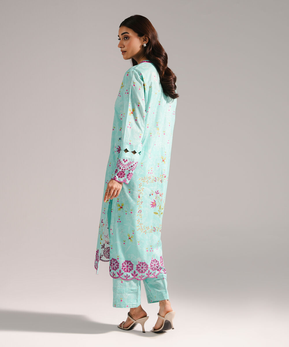 Women's RTW Lawn Embroidered Straight Turquoise Shirt