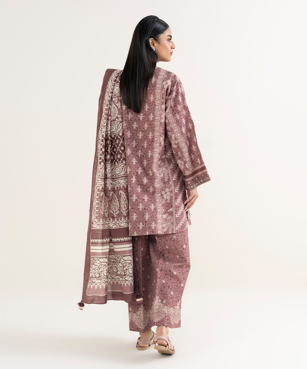 Women's Unstitched Printed Cotton Tea Pink & Off White 3 Piece Suit