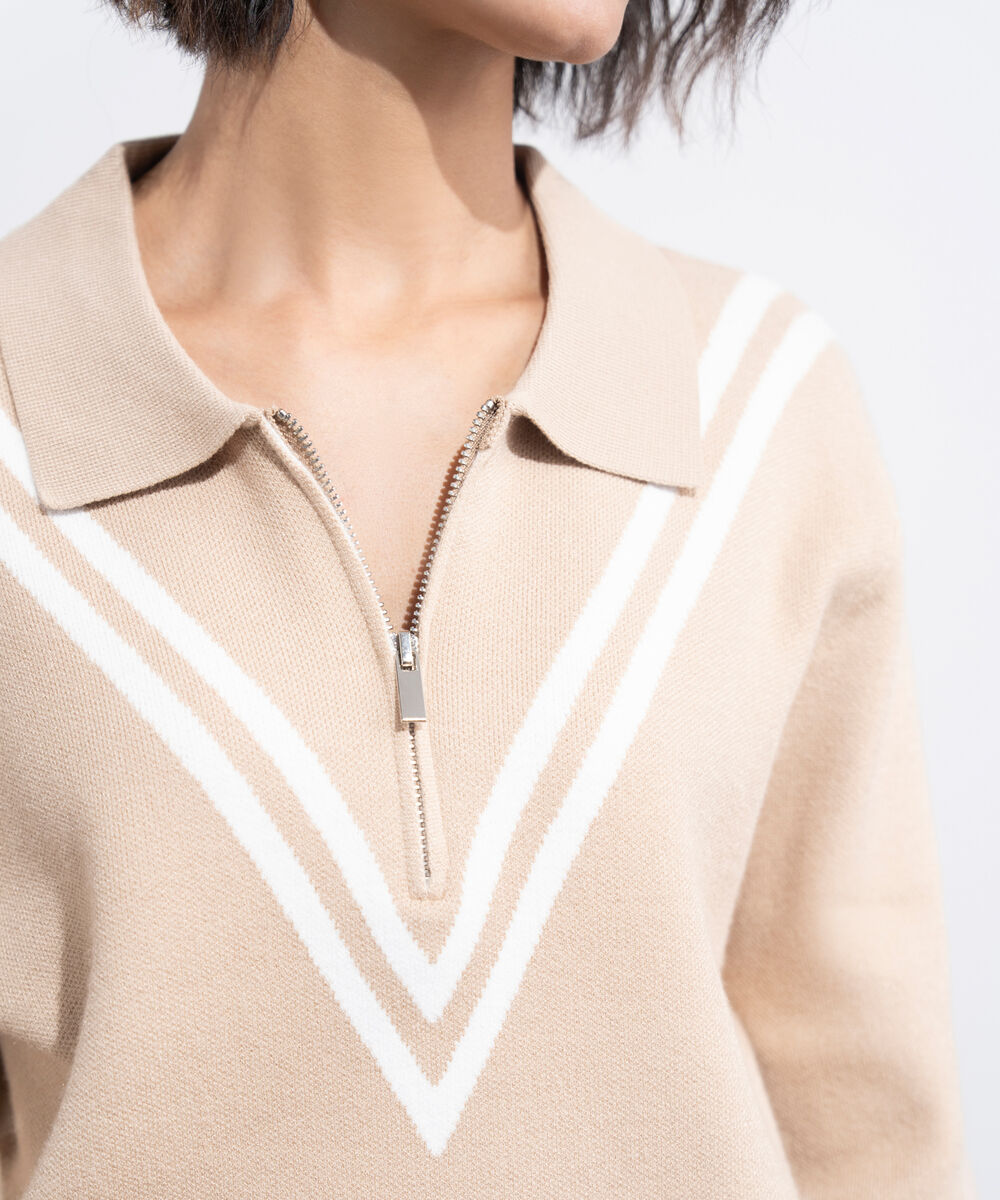 Women's Western Wear Beige Striped Polo Knit Sweater