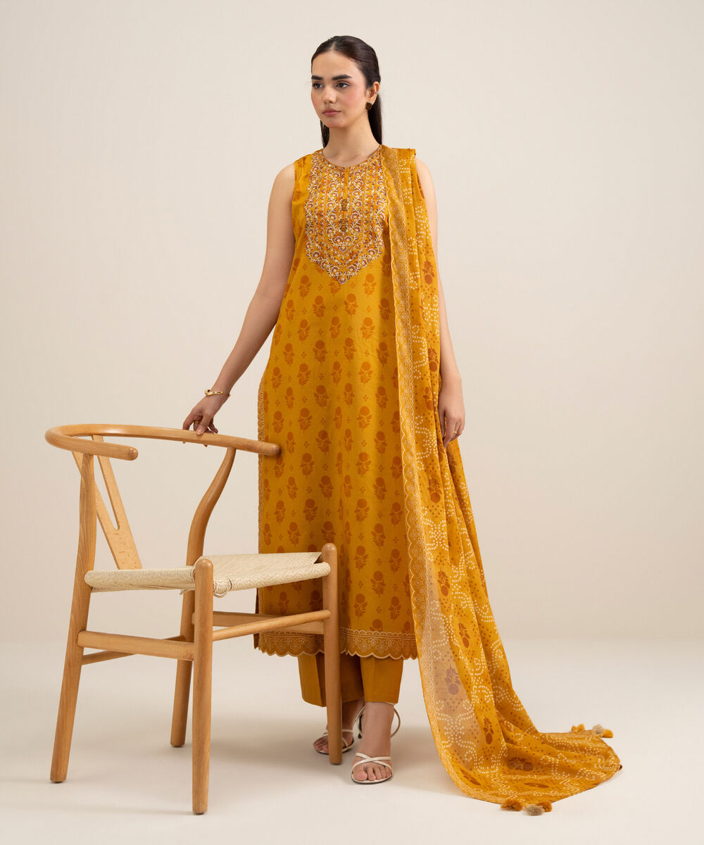 Women's Unstitched Lawn Embroidered Yellow 3 Piece Suit