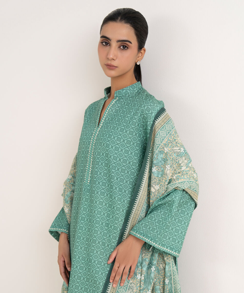 Women's Unstitched Light Khaddar Printed Green Two Piece Suit