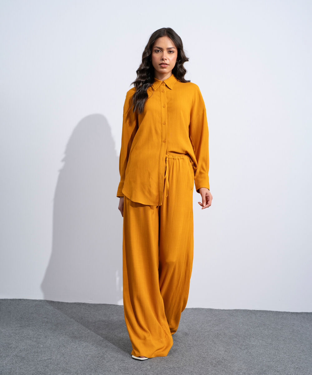 Women's Western Orange Wide-Leg Seersucker Trousers