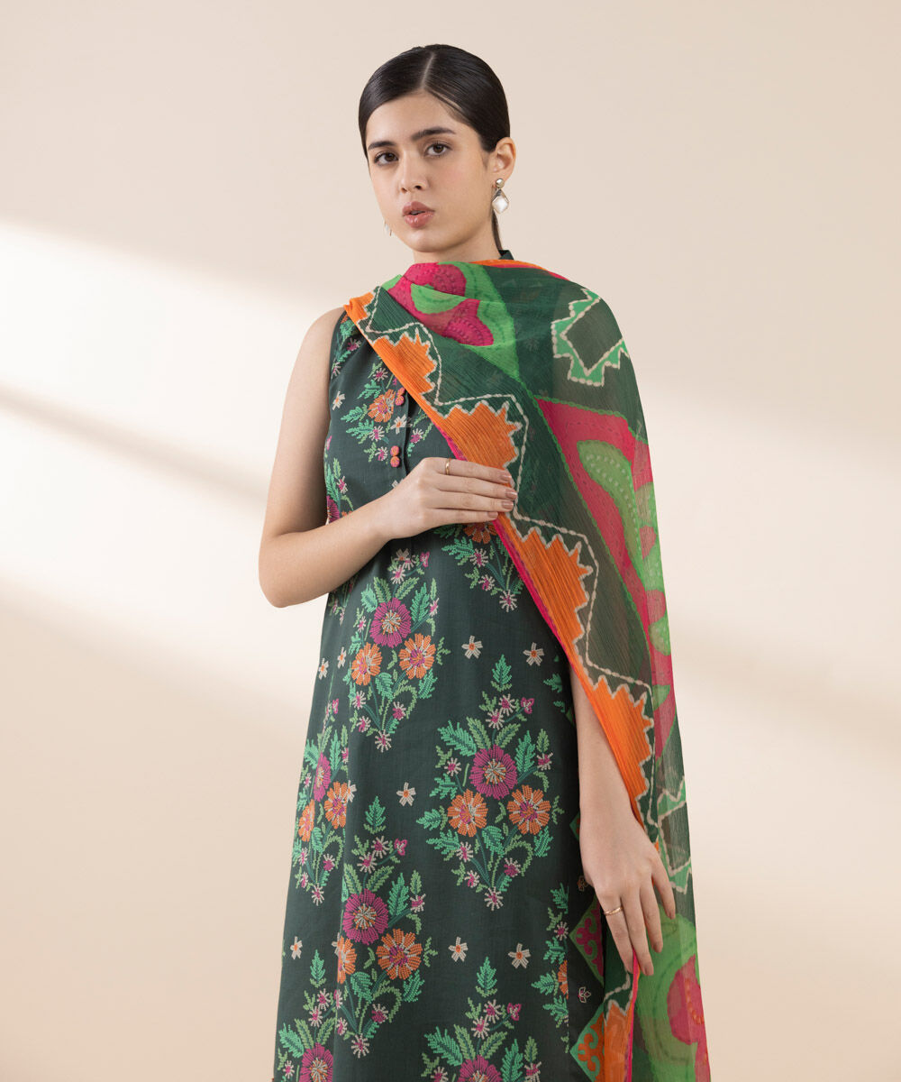 Women's Unstitched Printed Lawn Green 3 Piece Suit