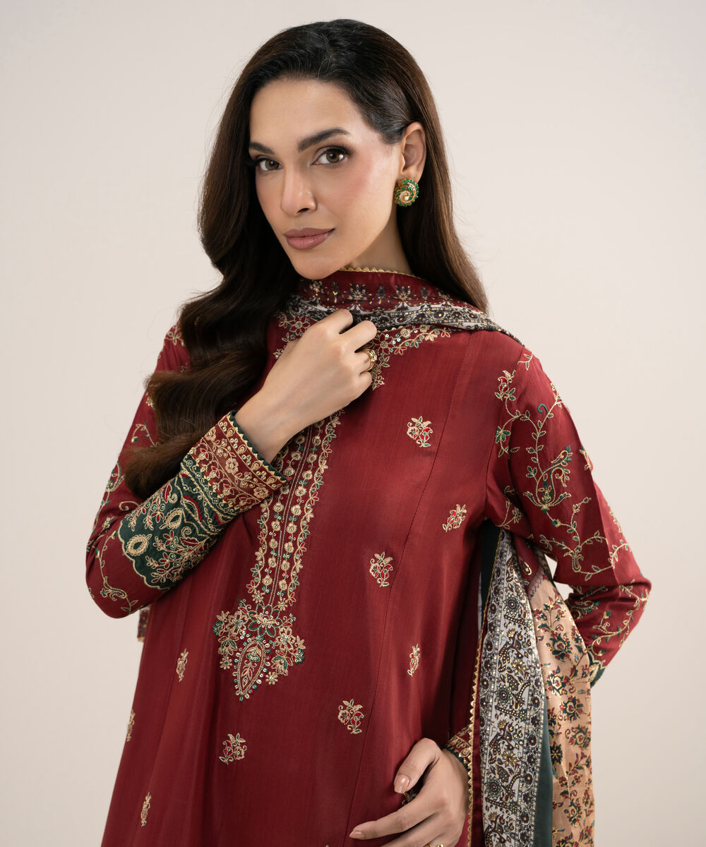 Women's Unstitched Embroidered Blended Raw Silk Red 3 Piece Suit