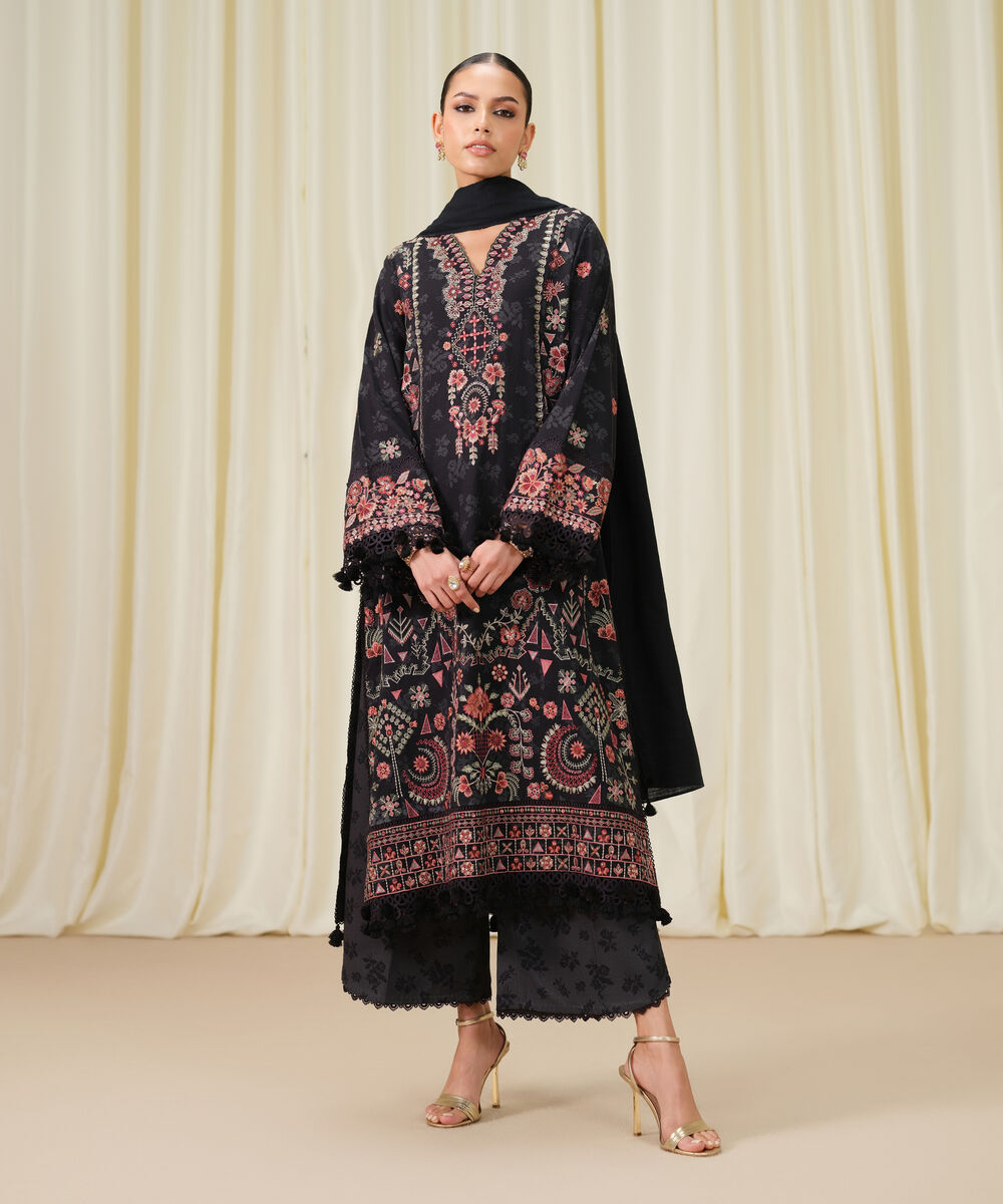 Women's Unstitched Embroidered Twill Grey and Black 3 Piece Suit