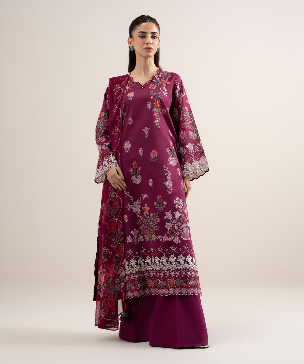 Women's Unstitched Lawn Embroidered Pink 3 Piece Suit