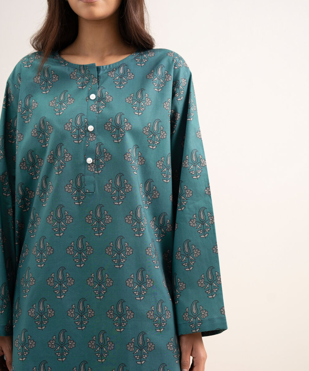 Women's RTW Cambric Printed Green 3 Piece Suit