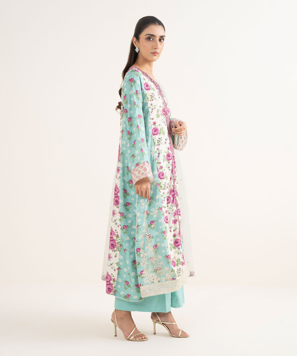 Women's RTW Cotton Viscose Embroidered White 3 Piece Suit