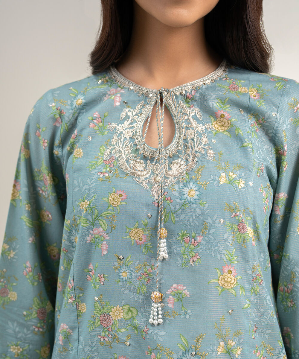 Women's RTW Zari Lawn Embroidered Blue 3 Piece Suit