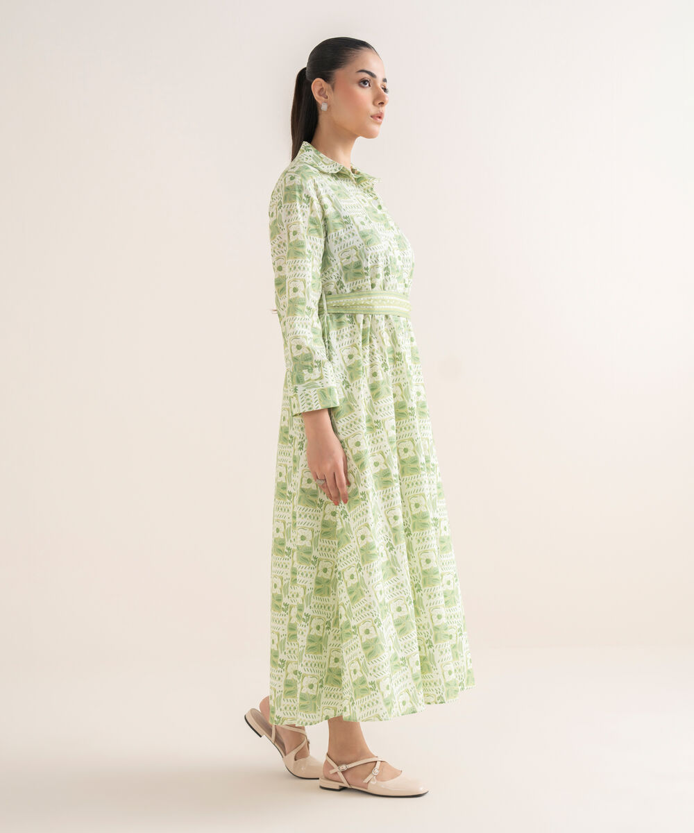 Women's RTW Cambric Printed Green Dress