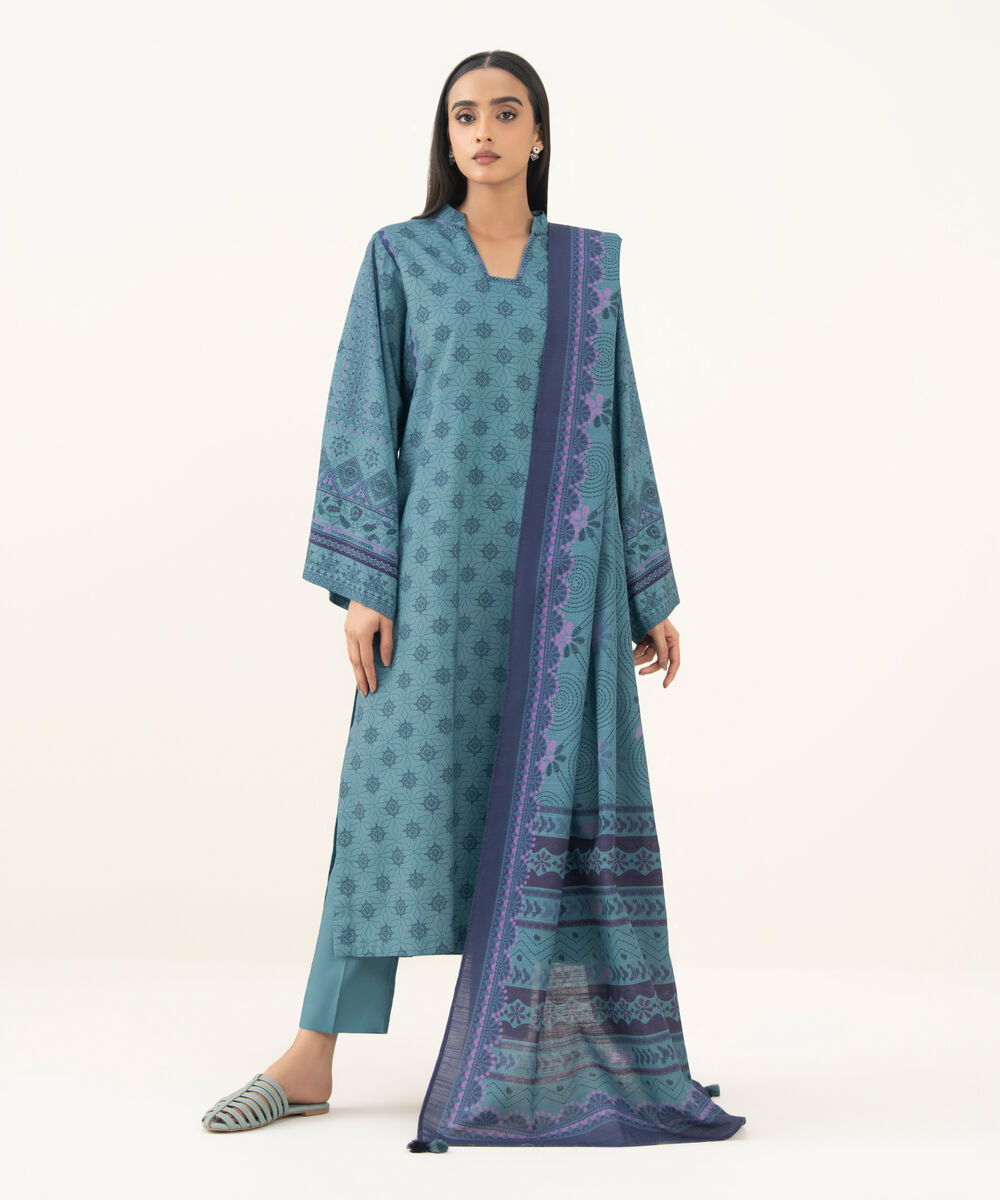 Women's Unstitched Printed Linen Blue 3 Piece Suit