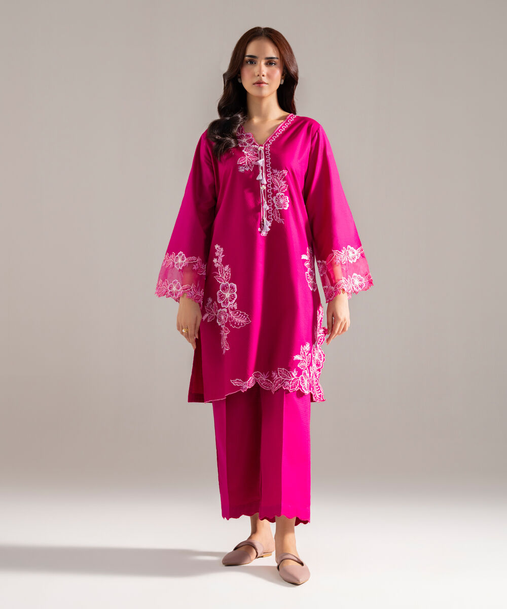 Women's RTW Dobby Solid Embroidered Pink Straight Shirt