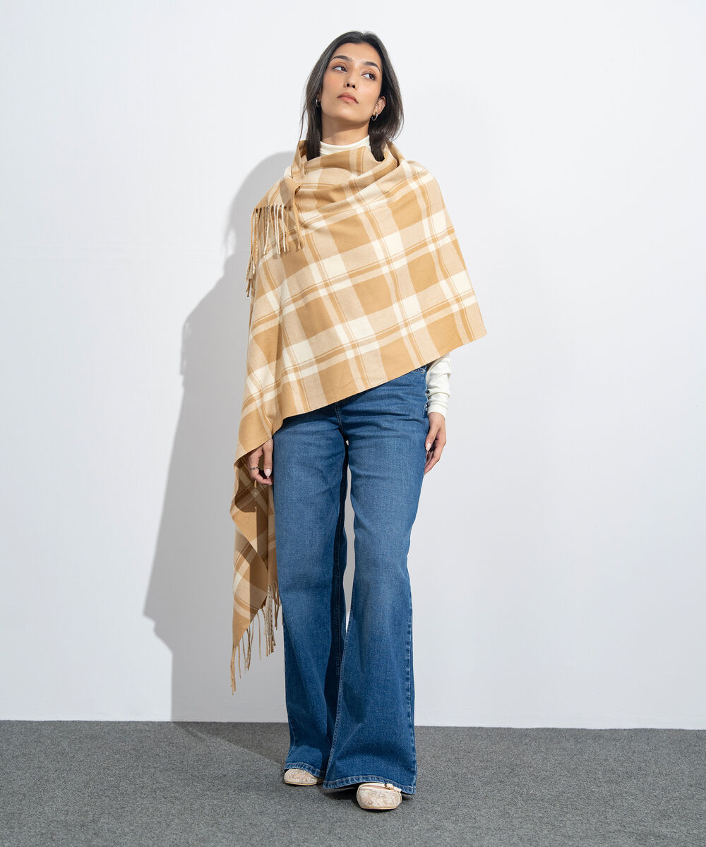 Women's Western Wear Beige & Off White Plaid Woollen Scarf