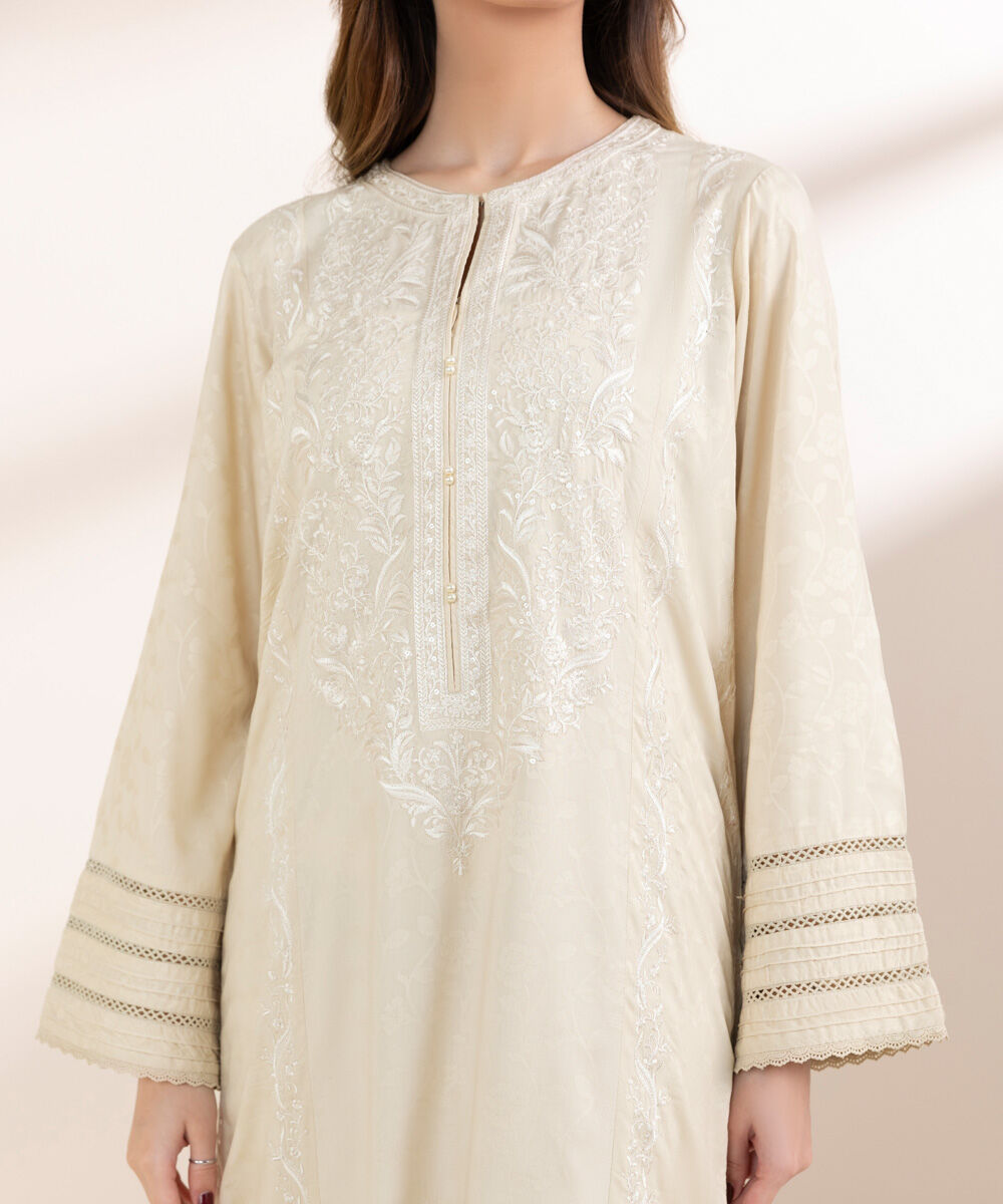 Women's Pret Cotton Jacquard Beige Embroidered A-Line Shirt