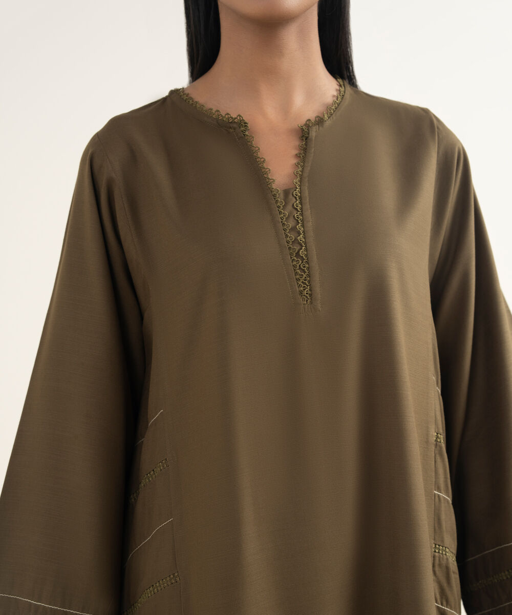Women's RTW Khaddar Solid Green Straight Shirt
