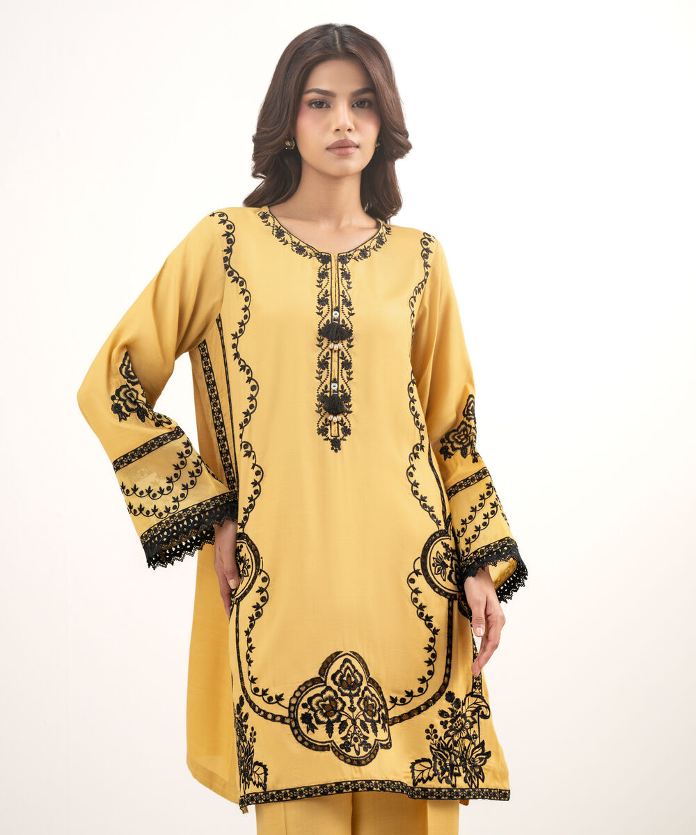 Women's RTW Viscose Raw Silk Embroidered Mustard 2 Piece Suit