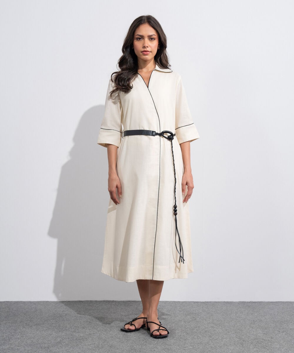 Women's Western Beige Maxi Dress With Belt
