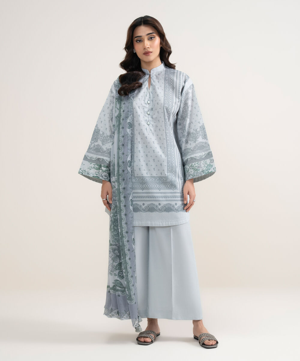 Women's Unstitched Lawn Printed Blue 3 Piece Suit