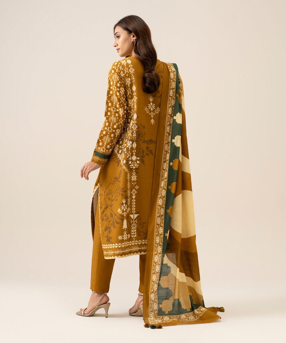Women's Unstitched Light Khaddar Printed Mustard 3 Piece Suit