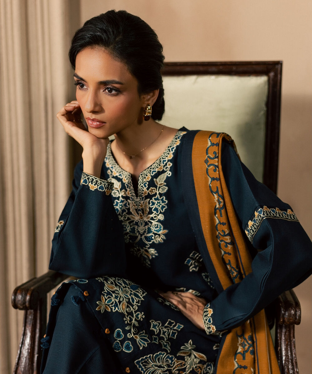 Women's Unstitched Light Khaddar Embroidered Blue 3 Piece Suit