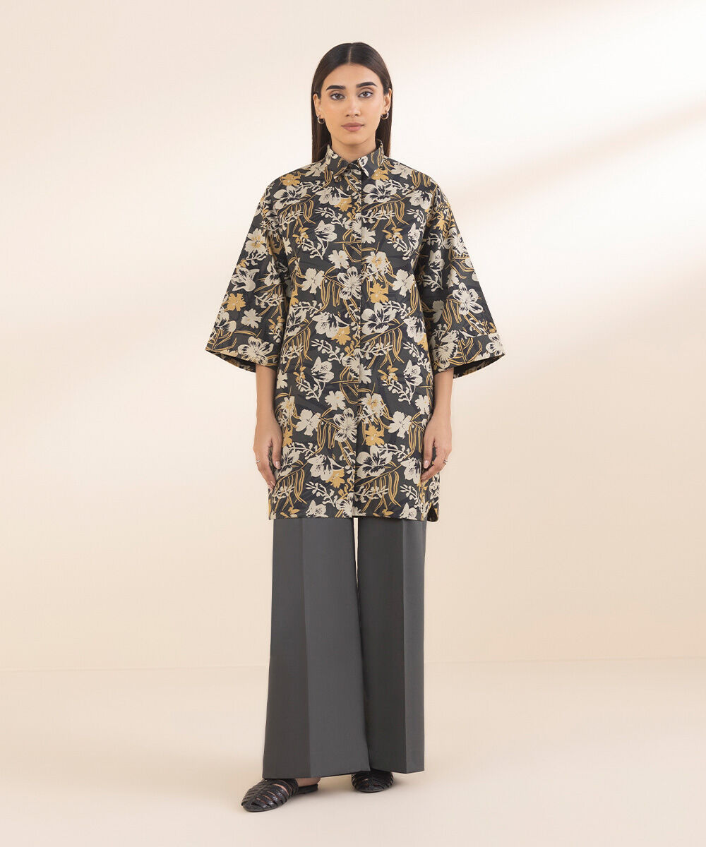 Women's Unstitched Cotton Printed Grey Shirt