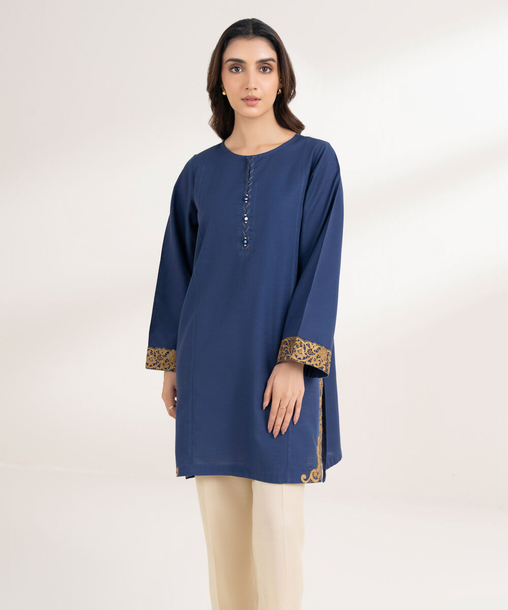 Women's RTW Cotton Embroidered Straight Blue Shirt