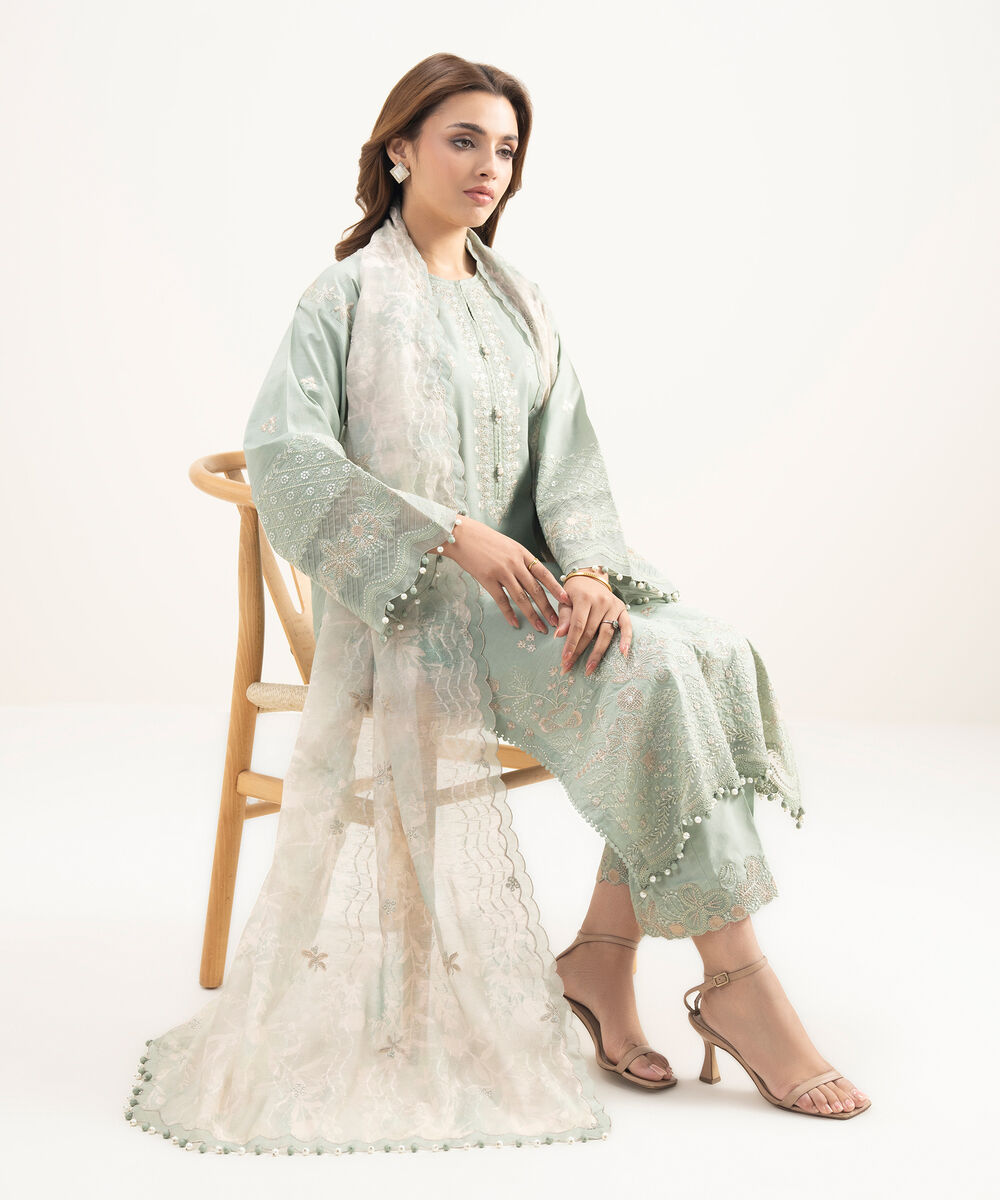 Women's Unstitched Cotton Embroidered Green 3 Piece Suit