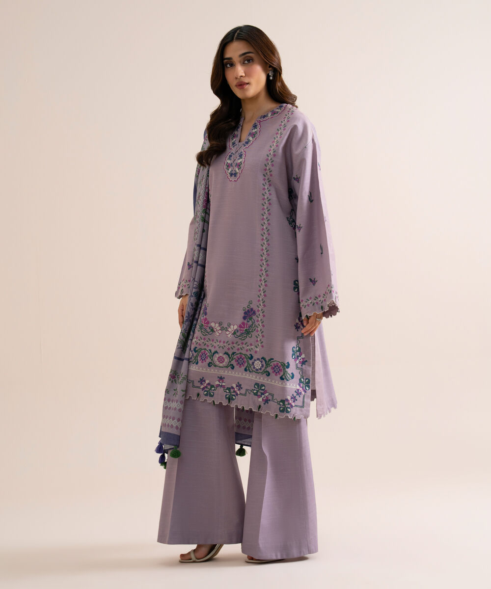 Women's Unstitched Light Khaddar Embroidered Lilac 3 Piece Suit