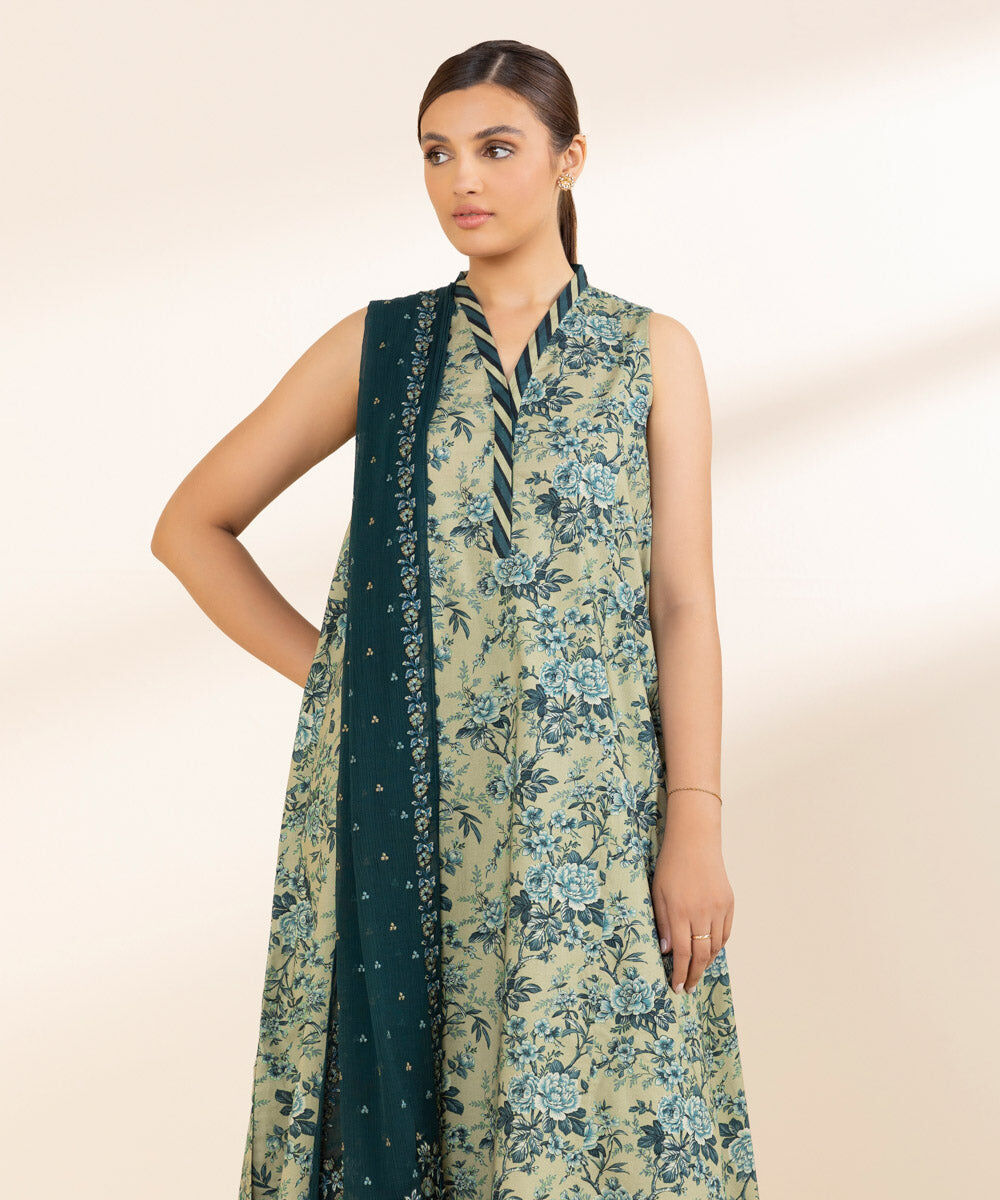 Woman - Green 3 Piece - Embroidered Cotton Suit