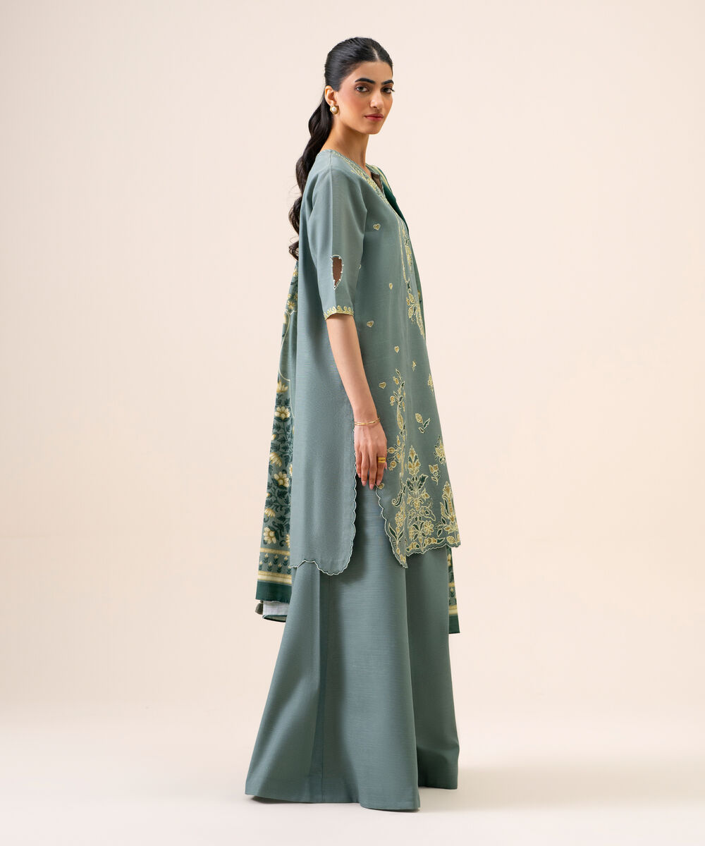 Women's Unstitched Light Khaddar Embroidered Moss Green 3 Piece Suit