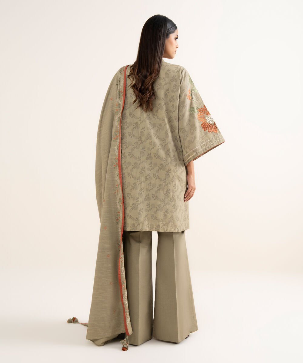 Women's Unstitched Cotton Jacquard Embroidered Beige 3 Piece Suit