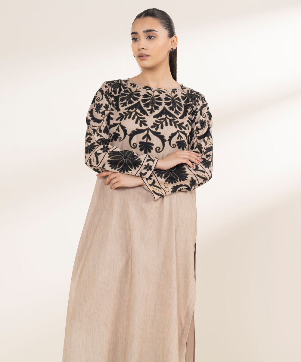 Women's RTW Arabic Lawn Beige Printed A-Line Shirt