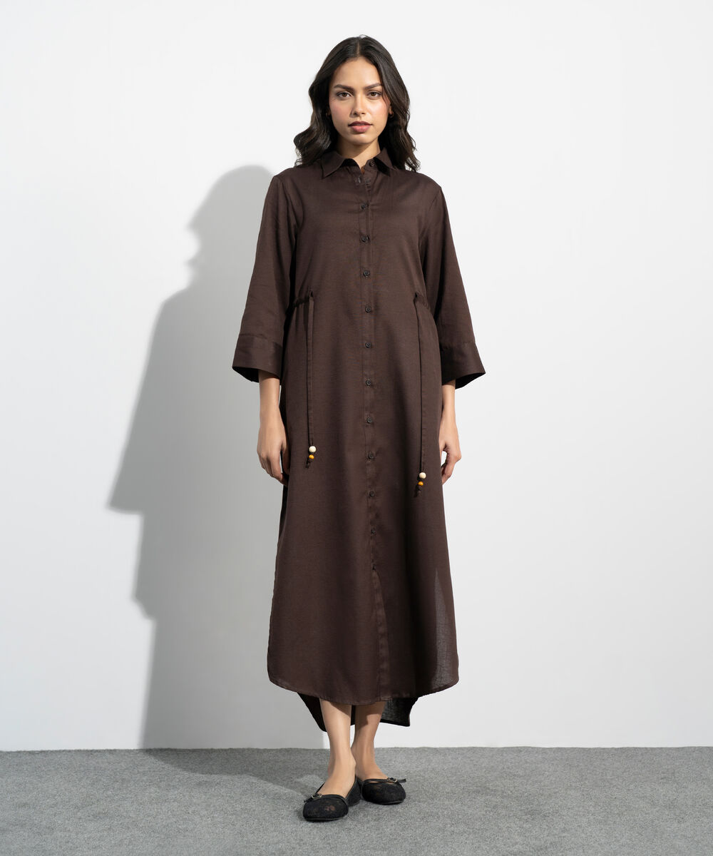 Women's Western Brown Linen Blend Dress With Waist Drawcord