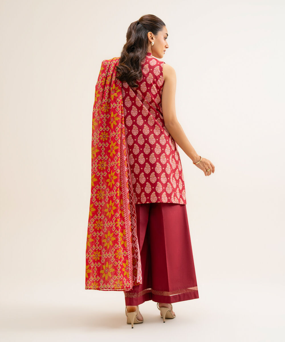 Women's Unstitched Cotton Viscose Printed Red 3 Piece Suit