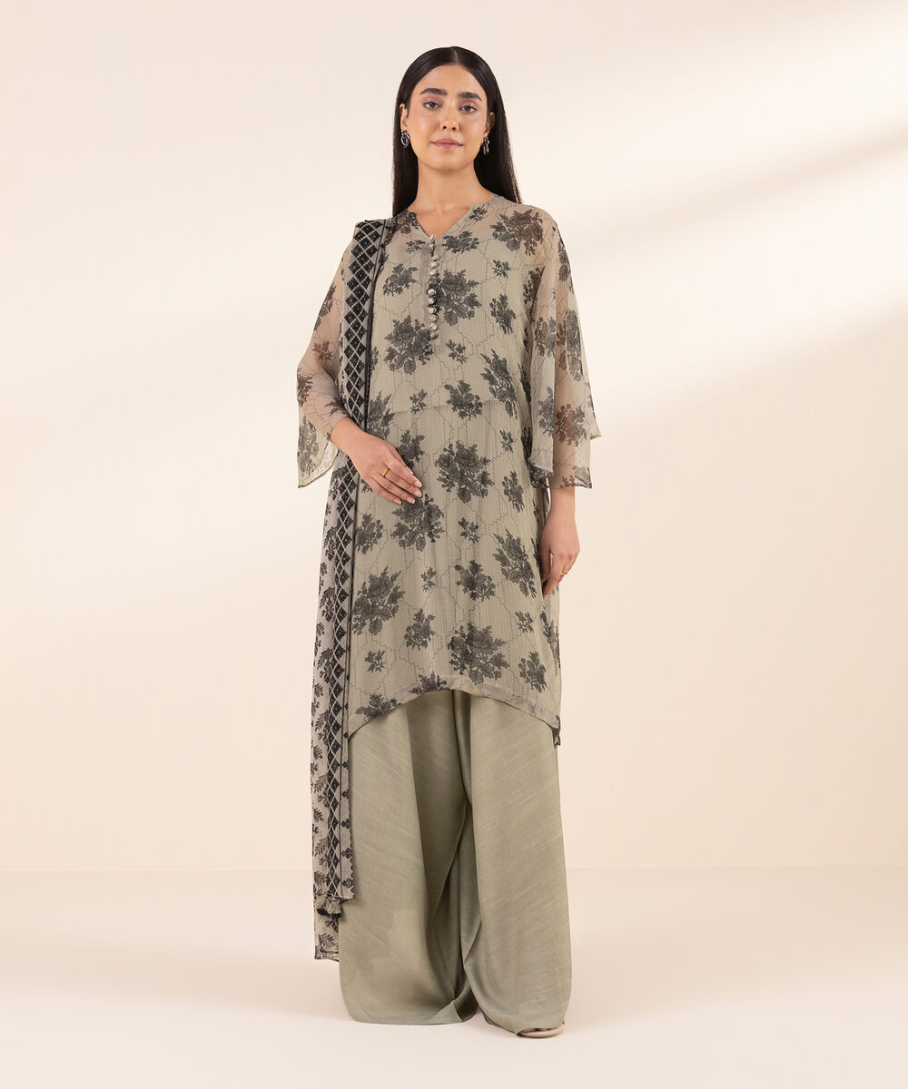 Women's Unstitched Chiffon Printed Grey 3 Piece Suit