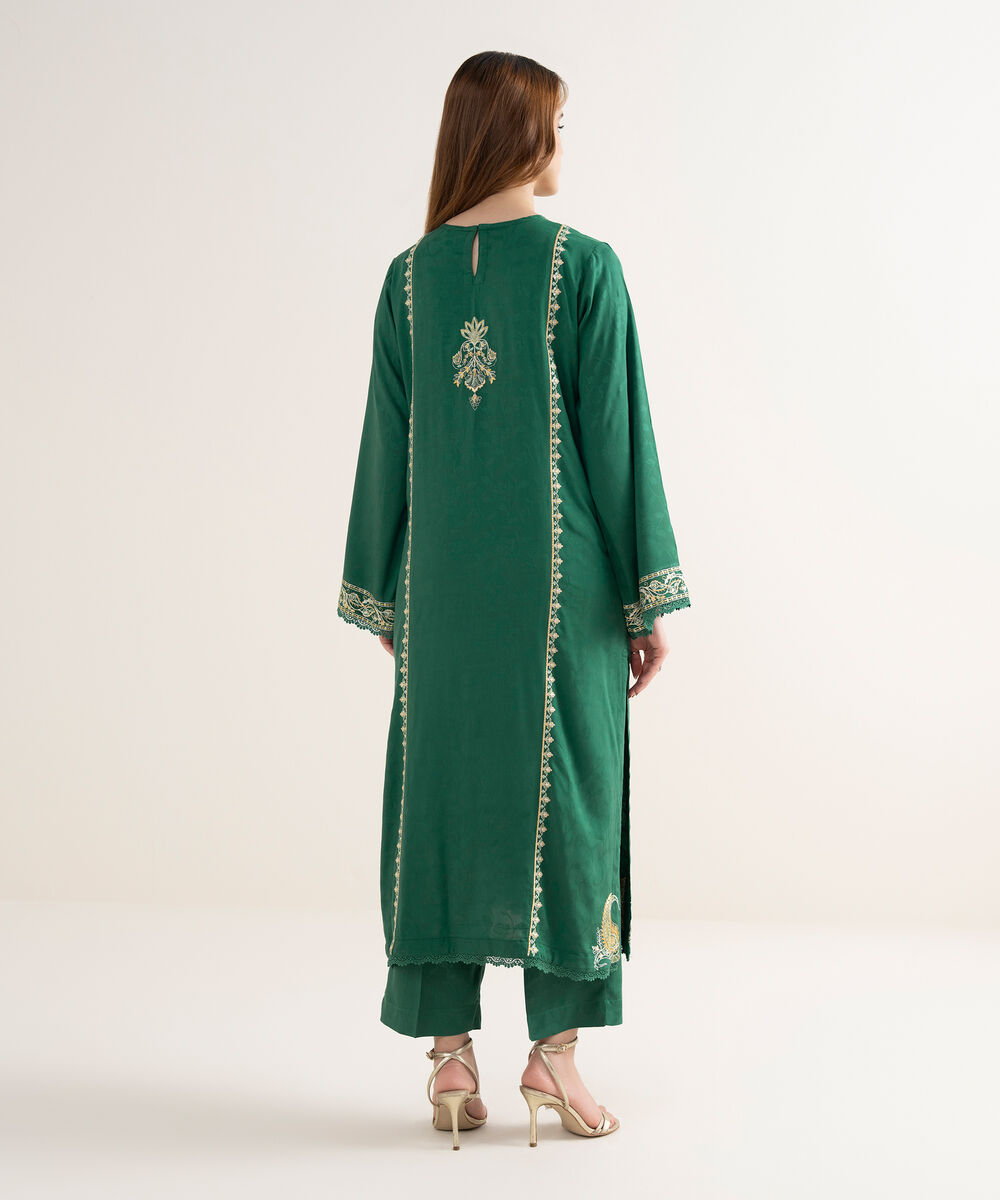 Women's RTW Textured Viscose Embroidered A-Line Green Shirt