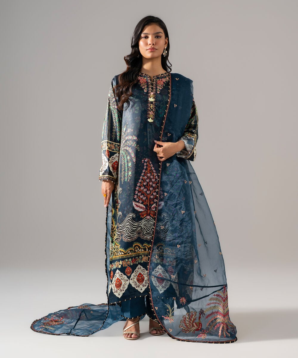 Women's RTW Blended Satin Embroidered Black 3 Piece Suit