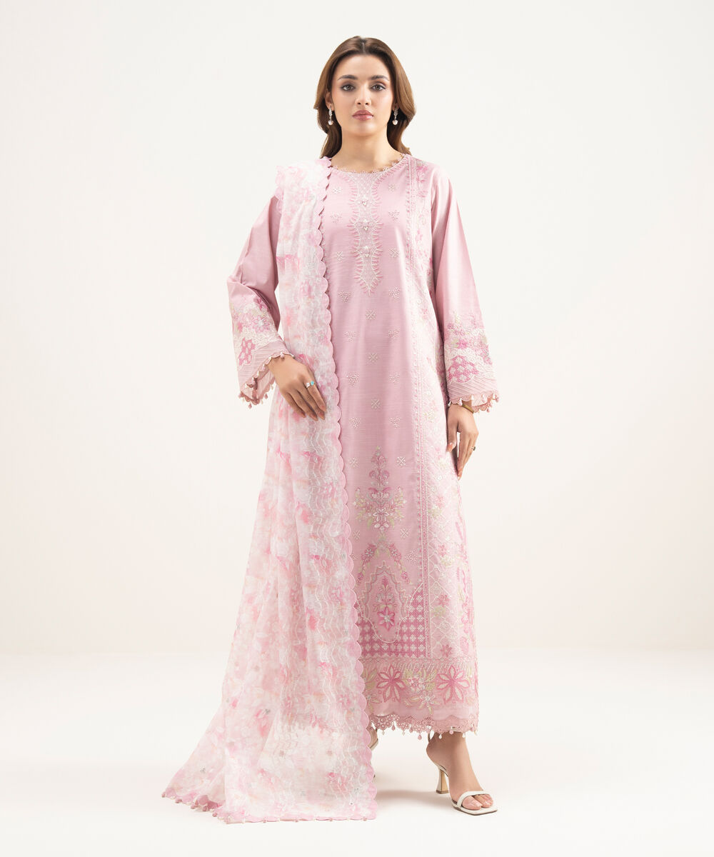 Women's Unstitched Lawn Embroidered Pink 3 Piece Suit