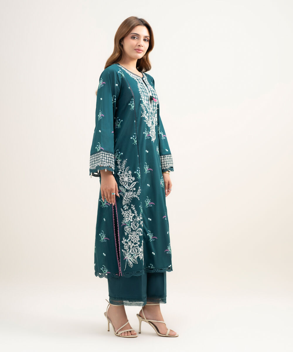 Women's RTW Lawn Embroidered Teal A-Line Shirt