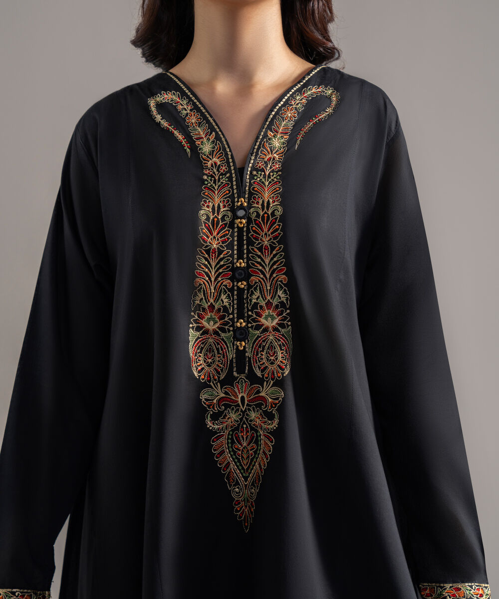Women's RTW Lawn Solid Embroidered Black Flared A-Line