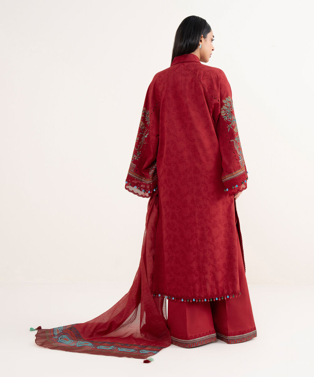 Women's Unstitched Cotton Jacquard Embroidered Red 3 Piece Suit