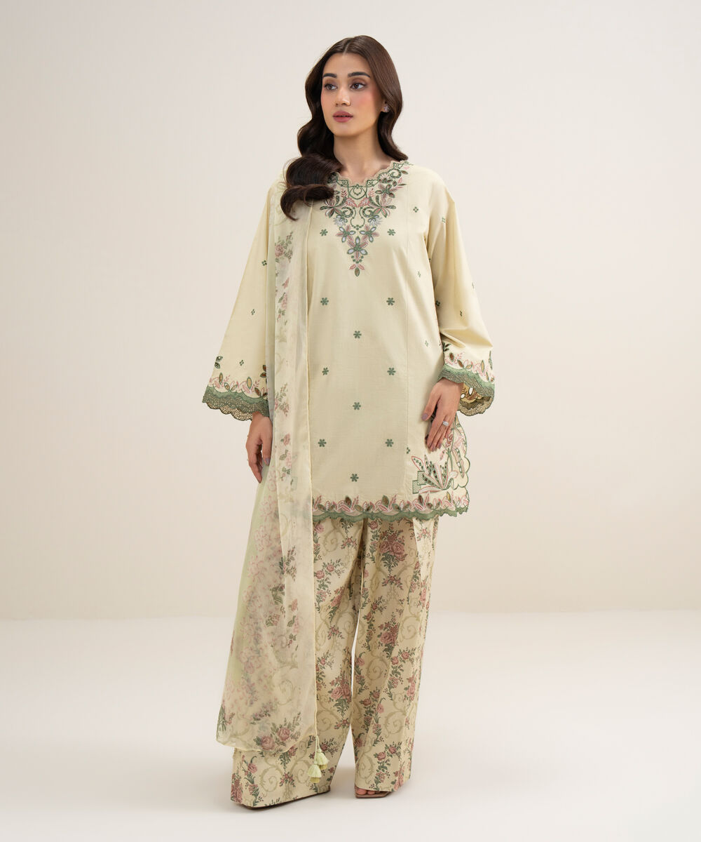 Women's Unstitched Lawn Embroidered Beige 3 Piece Suit