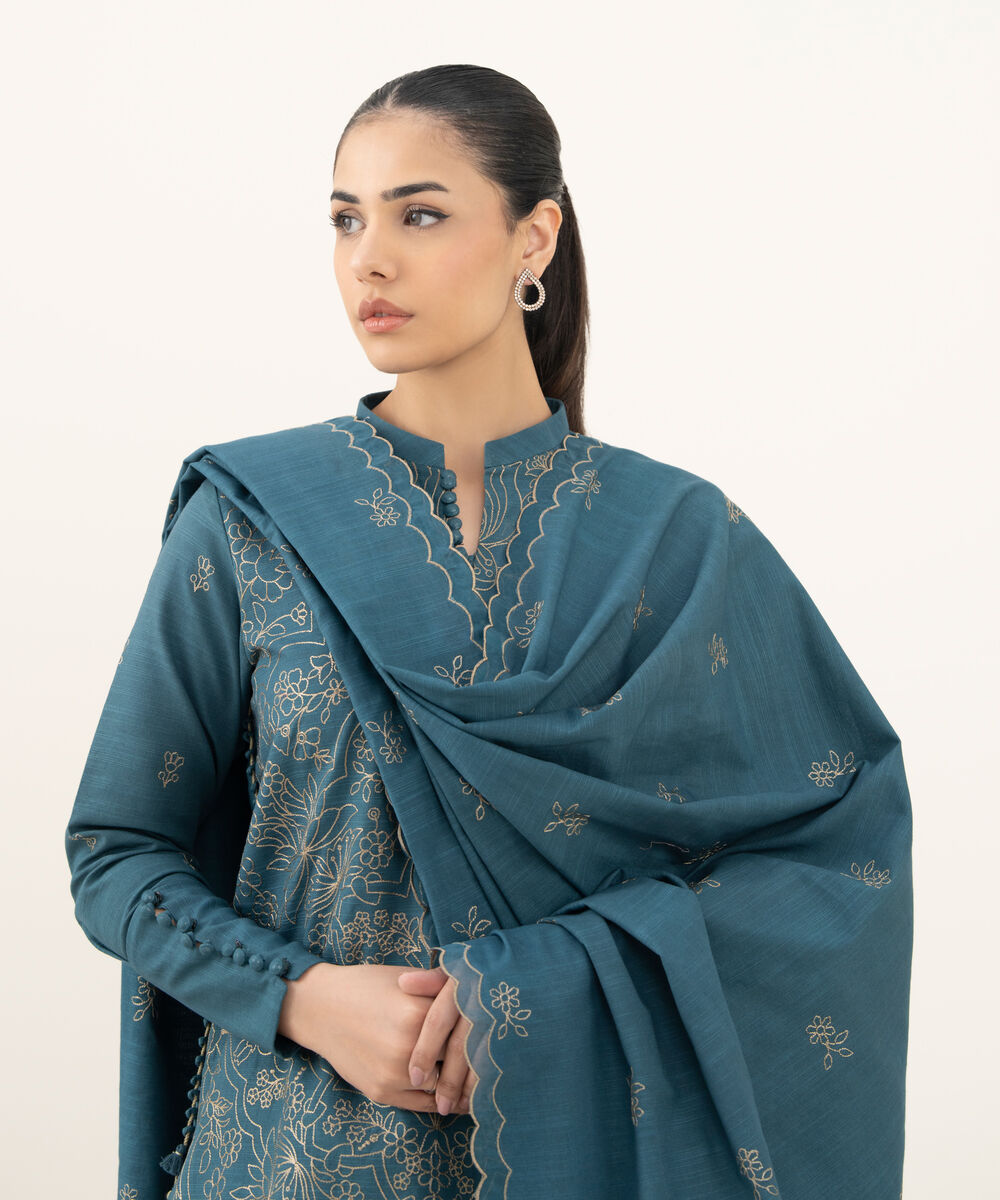 Women's Unstitched Embroidered Cotton Teal Green 3 Piece Suit