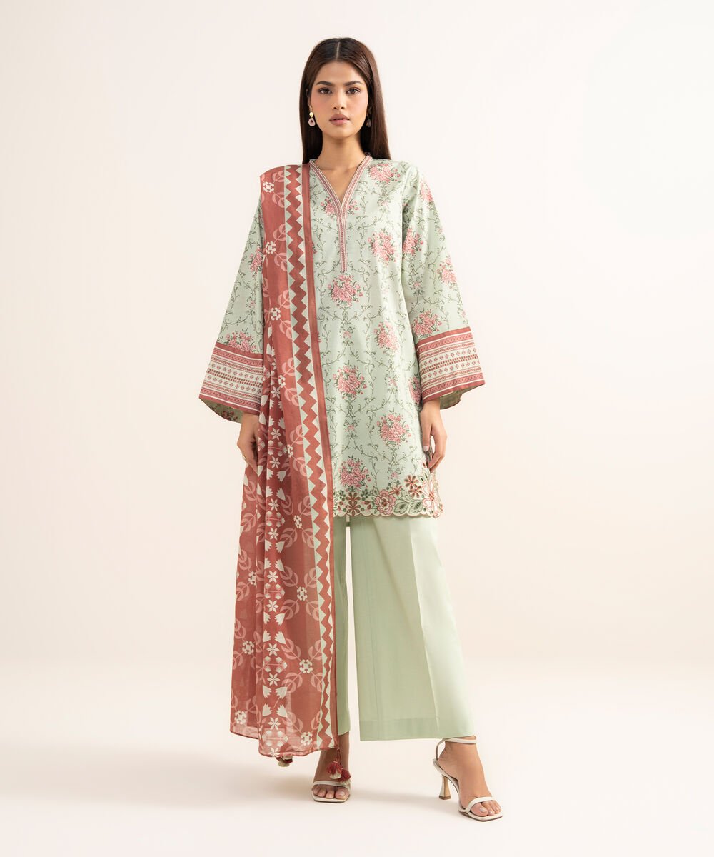 Women's Unstitched Lawn Embroidered Green 3 Piece Suit