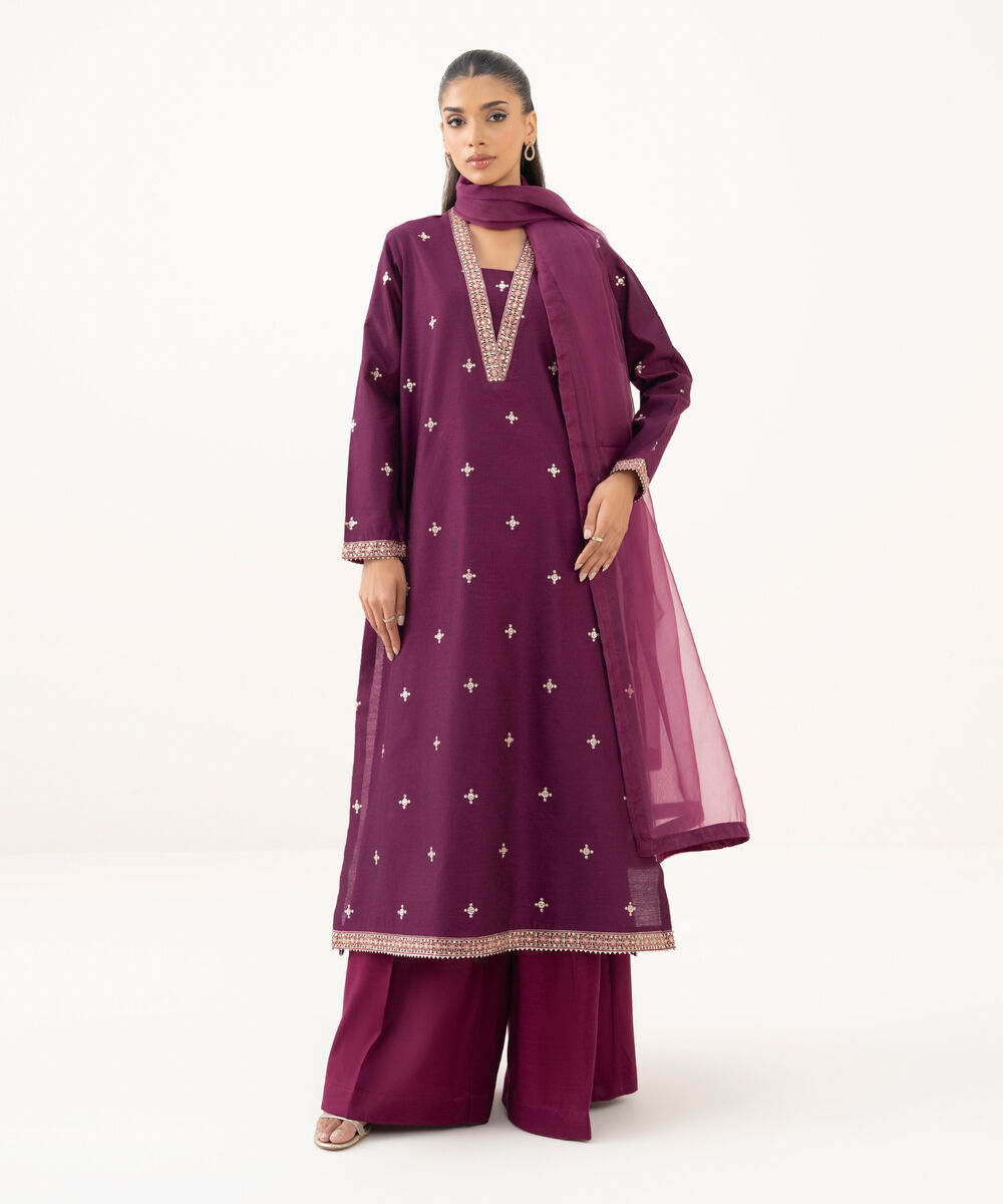Women's RTW Blended Silk Cotton Net Embroidered Purple Three Piece Suit