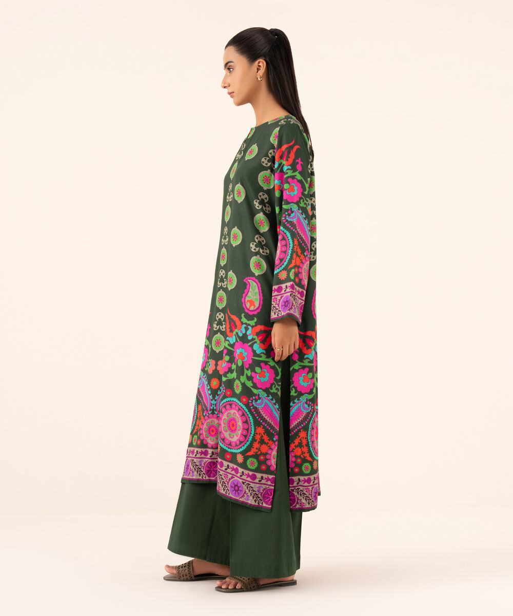 Women's RTW Arabic Lawn Green Printed Drop Shoulder Shirt