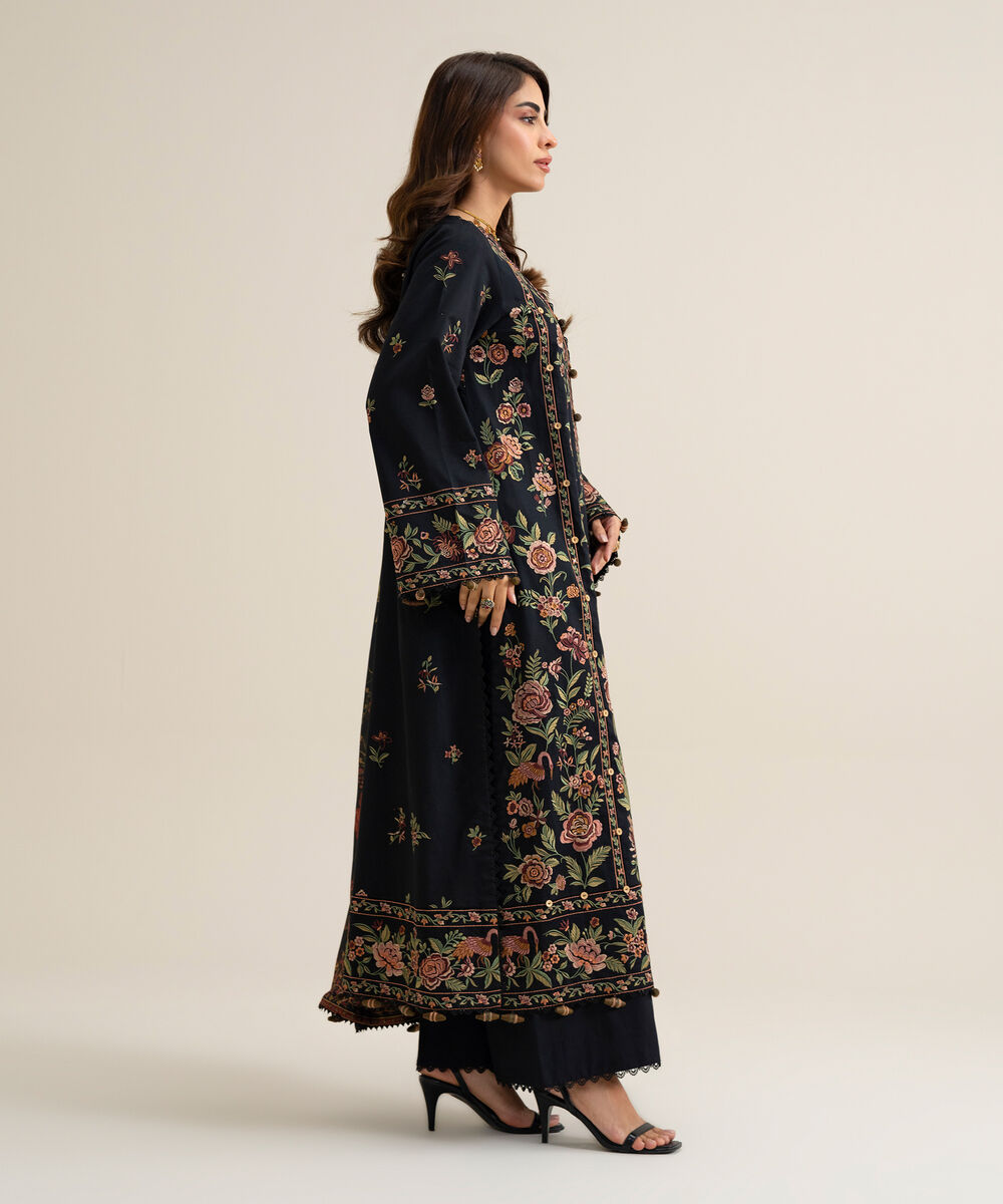 Women's Unstitched Fine Cotton Satin Embroidered Black 3 Piece Suit