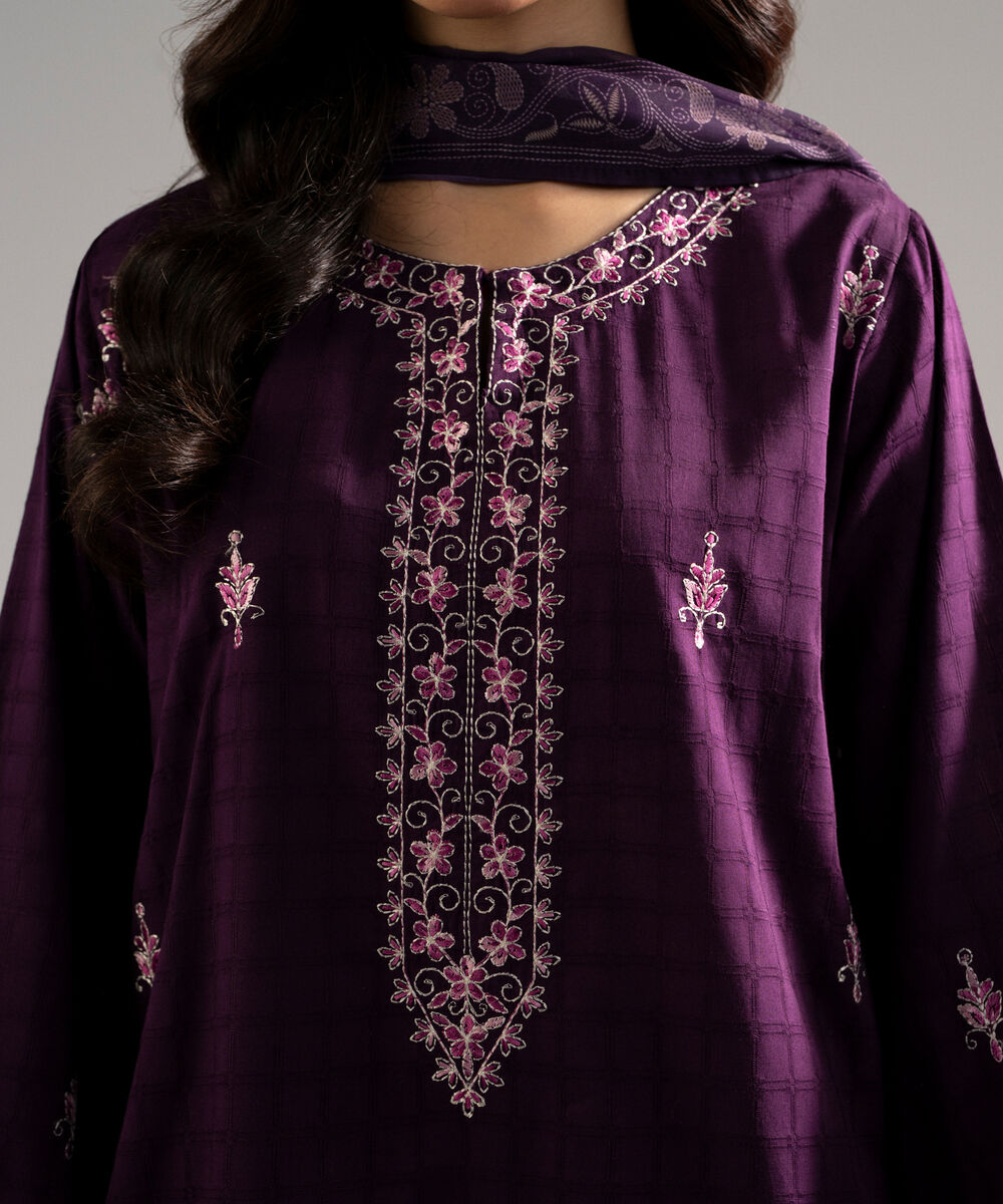 Women's RTW Dobby Embroidered Purple 3 Piece Suit