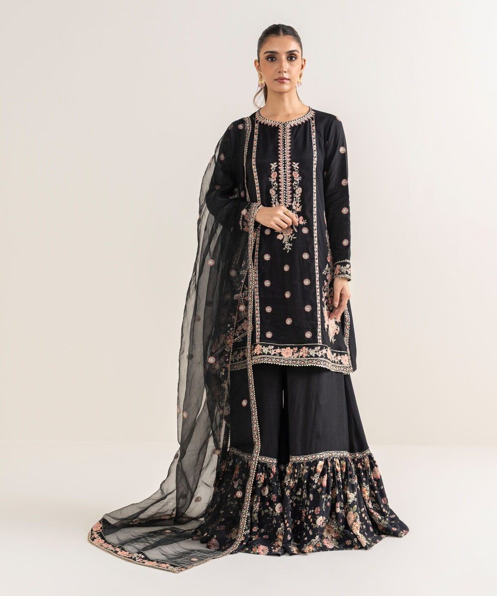 Women's RTW Viscose Raw Silk Black Embroidered Straight Shirt